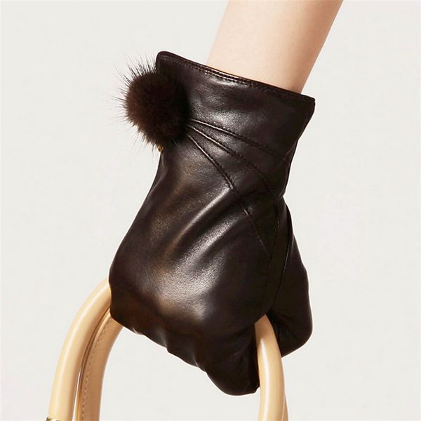 

genuine leather five finger gloves women sheepskin fashion trend winter warm driving leather gloves el022nr-5, Blue;gray