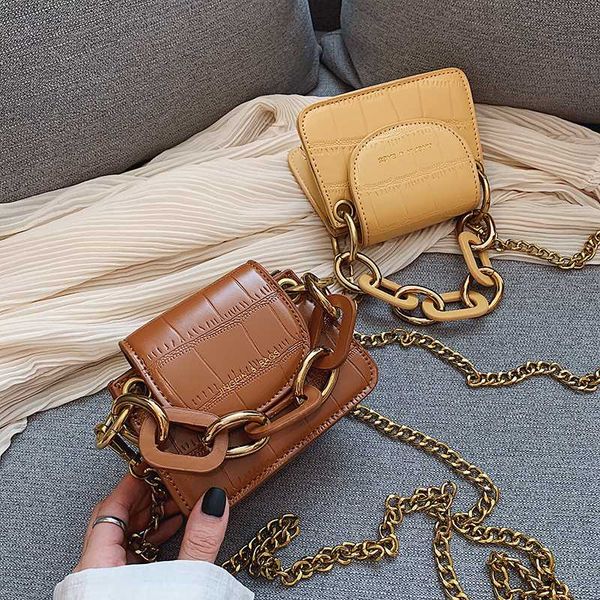 

stone pattern pu leather crossbody bags for women thick chain design shoulder messenger bag lady mini tote lipstick handbags