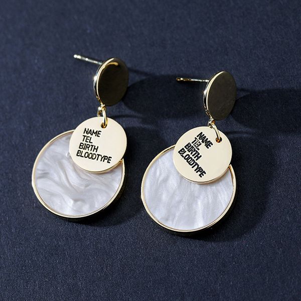 

round natural shell earring geometry golden lettering simple fashion suitable for banquet s925 needle female jewelry earring, Golden;silver