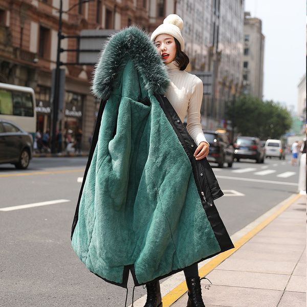 

autumn & winter parka plush lining down jacket cotton-padded clothes female korean long over-the-knee loose cotton overcoat, Black