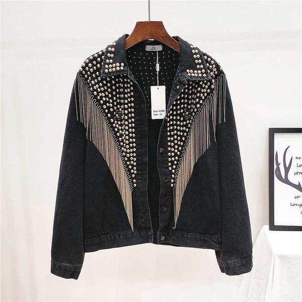 

streetwear denim jacket women hand-studded rivet tassel chain short jeans jacket spring autumn loose black coats chaquetas mujer, Black;brown