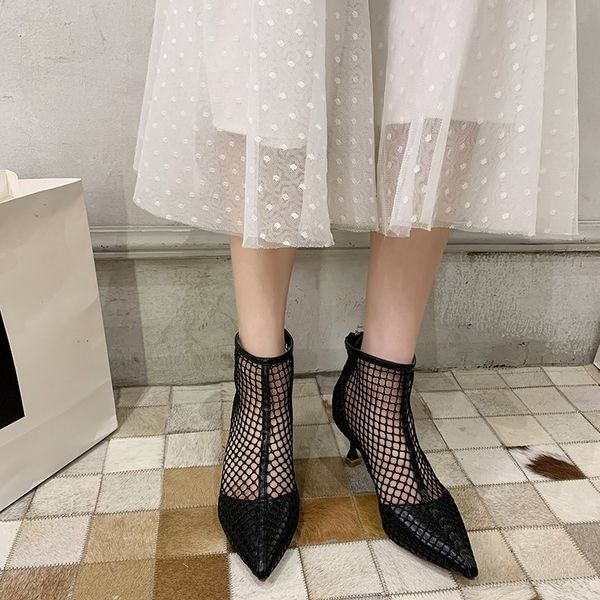 

pointed toe summer ankle boots breathable mesh stiletto single shoes woman high heel sandals rear zipper party shoes mujer, Black