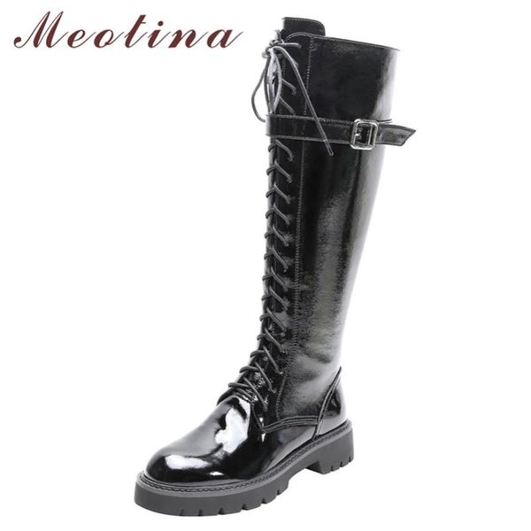 

meotina winter motorcycle boots women natural genuine leather buckle thick heel knee high boots buckle zipper shoes lady size 39, Black