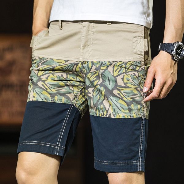 

men's summer new stitching printed cotton slim fit micro elastic shorts men's casual shorts and shortsstudent pants 4w92p, Blue