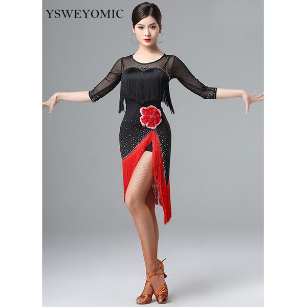 

stage wear women dance skirt practise black latin salsa dress with red tassels ballroom girls, Black;red