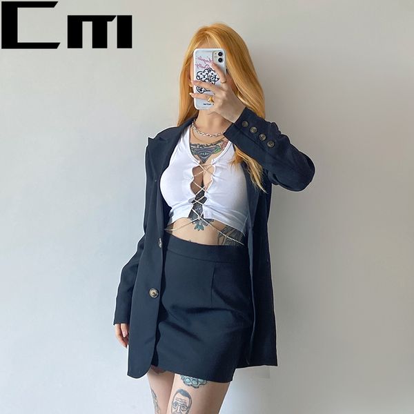 

fashion women blazer suits solid sxey long sleeve breasted blazer miniskirt suit office ladies two-piece sets 2020, White