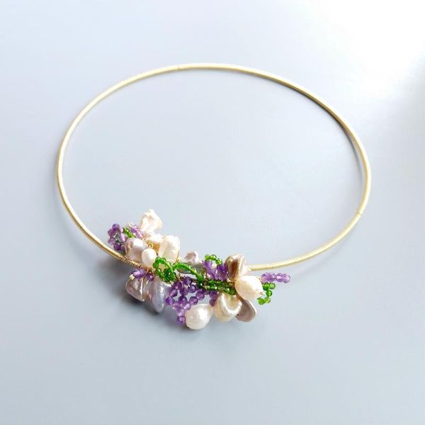 

chokers lii ji genuine amethyst diopside baroque pearl handmade choker open necklace with jewelry box for women, Golden;silver