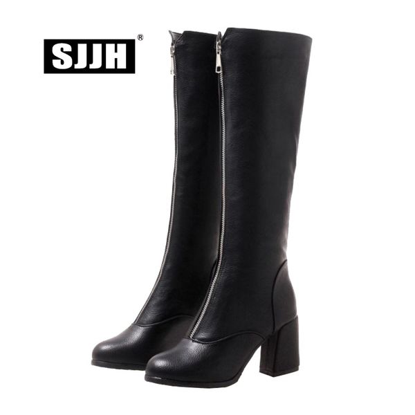 

boots sjjh women autumn long riding with round toe chunky zip short plush knee-high fashion roman shoes large size a908, Black