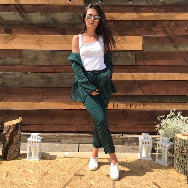 

work pant suits 2 piece sets double breasted striped blazer jacket &zipper trousers suit for women set feminino spring, White