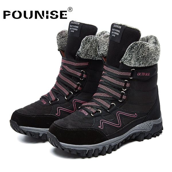 

boots women winter 2021 fashion leather snow outdoor round toe waterproof high platform woman plus size 35-42, Black