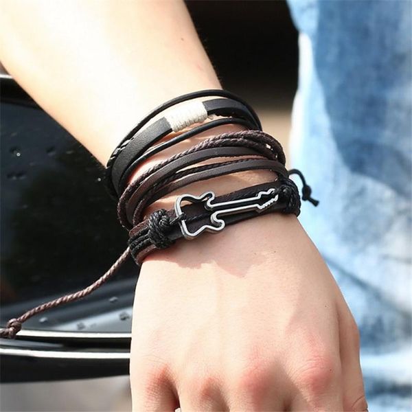 

women simple vintage woven leather bracelet alloy guitar leather bracelet set fashion luxury casual couple jewelry gift, Golden;silver