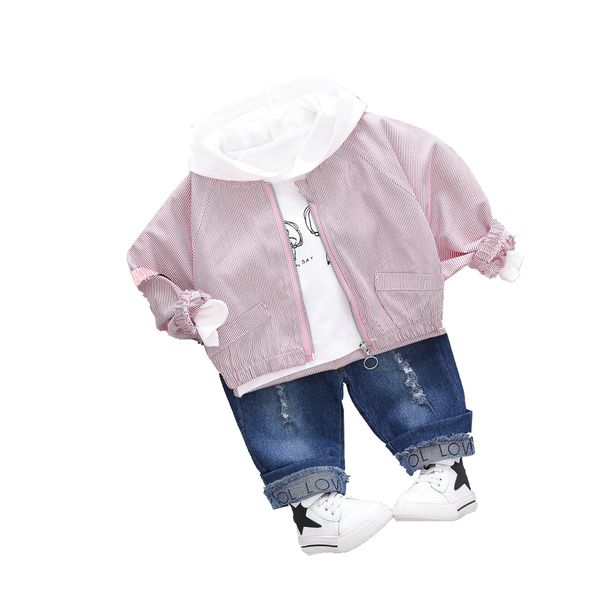 

children striped jacket cartoon hoodie pants 3pcs/set baby boy girl clothes kid cotton casual clothing toddler infant tracksuits, White