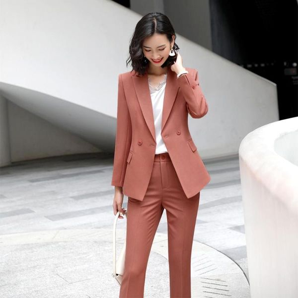 

women's two piece pants 2021 fall autumn winter arrival pant suit women black dark blue red work 2 set single breasted loose blazer and, White