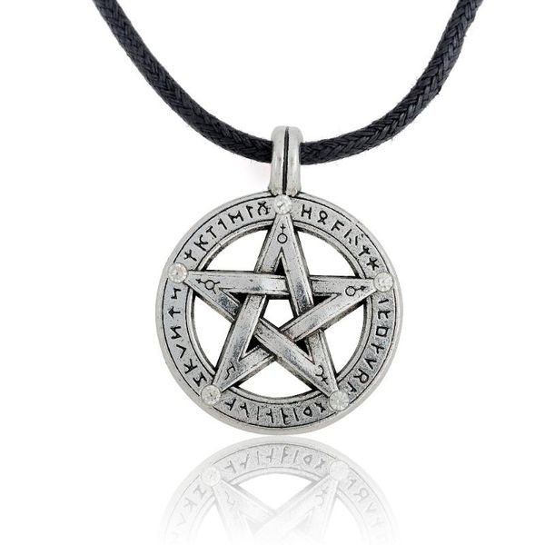 

my shape supernatural pentacle pentagram pendant men necklace witch protection star amulet necklace leather rope chain, Silver