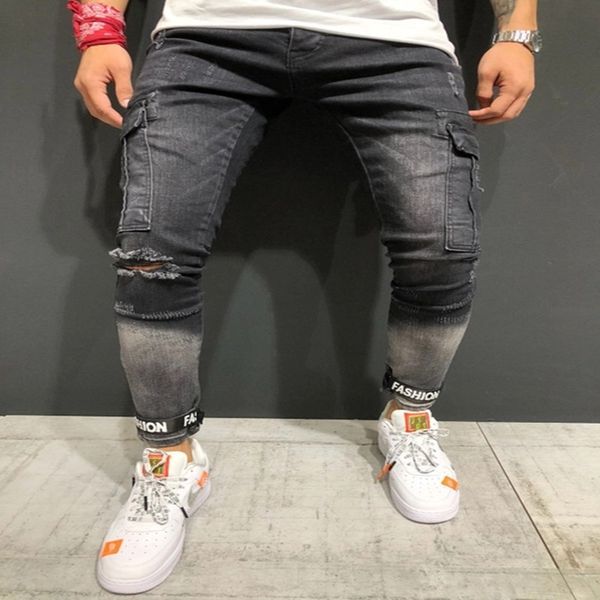

men's jeans cross border autumn and winter slim fitting black hole boys' denim band mouth leggings, Blue