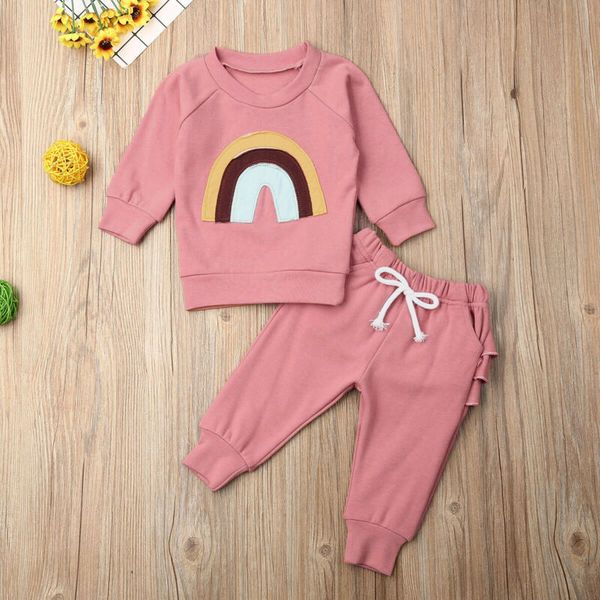 

clothing sets 0-3t born kid baby girl spring clothes set rainbow print long sleeve ruffle leggings pants suit sweet warm outfit, White