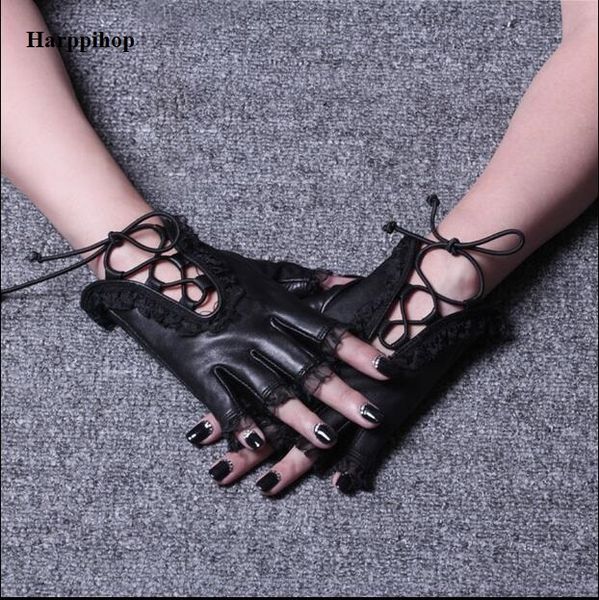 

five fingers gloves harppihop black women genuine leather half finger lace trimmed dance female with original box mittens, Blue;gray