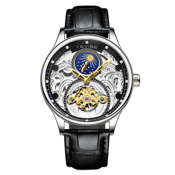 

high-end swiss new hollow moon phase automatic leather analog watch tourbillon mens waterproof casual watch, Slivery;brown