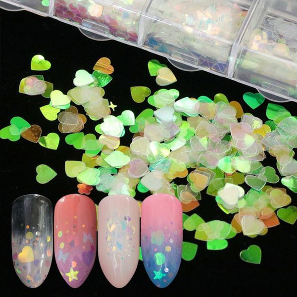 

1 box of 3d nail polish patches transparent color laser heart shaped stars nail sequins holographic sparkling decoration, Silver;gold