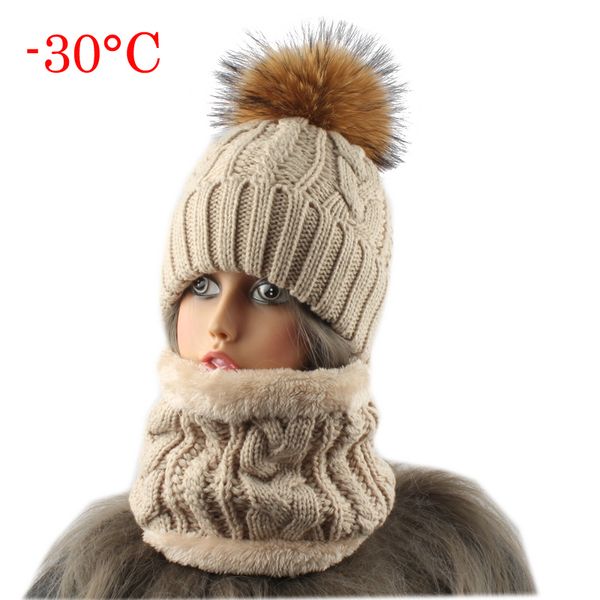 

2020 womens hat with scarf warm fleece inside beanie girls winter cap for women real mink fur pompom hat female knitted caps lj200915, Blue;gray