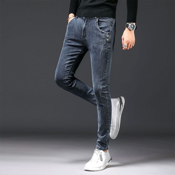 

2020 autumn mens all-match jeans business straight slim casual fashion retro trousers grey youth stretch jeans men denim pants, Blue