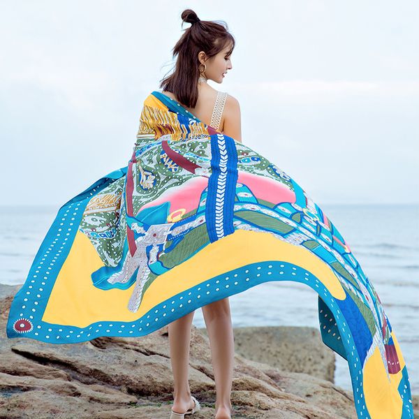 

sarongs sheer printed seaside sunscreen beach towel cotton bohemia scarf beach wrap swimwear cover ups, Blue;gray