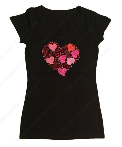 

women's rhinestone and glitter t-shirt hearts collage in s m l 1x 2x 3x