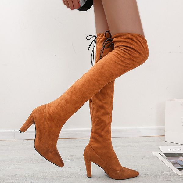 

boots fashion women over the knee flock sewing thin high heel lace up pointed toe cross-tied solid shoes woman ladies 2021, Black