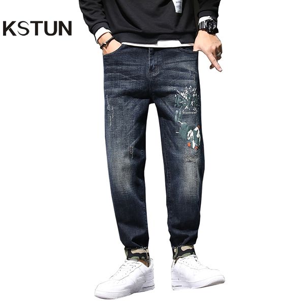 

kstun fashion harem jeans men streetwear blue stretch baggy printed pattern moto biker jeans denim pants loose feet trousers 42