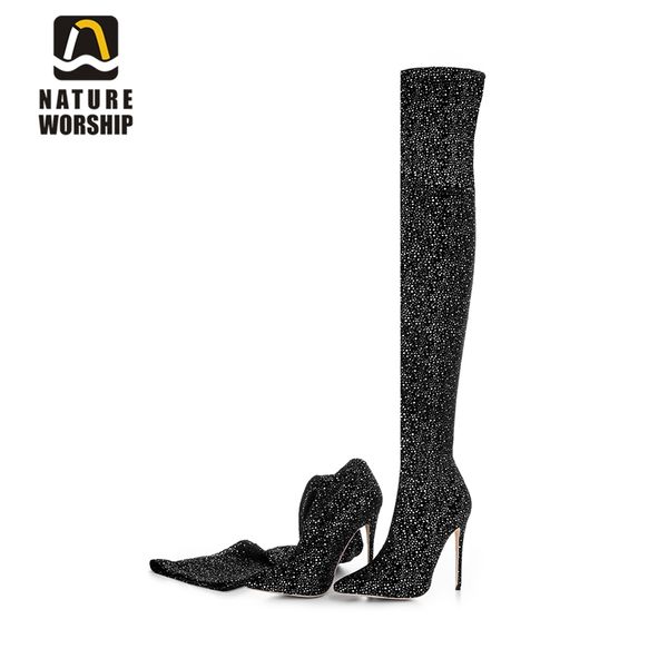 

fashion stilettos thin high heels shoes pointed toe women boots over the knee long boots sequined cloth women shoes size 34-43, Black