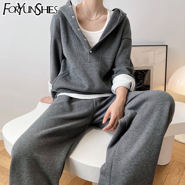 

women's tracksuits foryunshes 2021 autumn winter women thick fleece cotton suit 2 pieces sets gray hoodies sweatshirt and pants black c