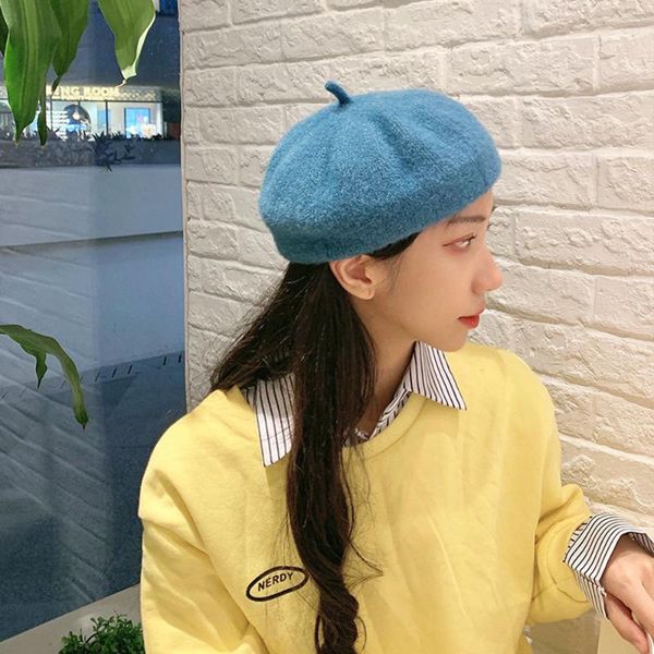 

2020 new beret knitted painter hat autumn and winter retro british trendy hat women, Blue;gray