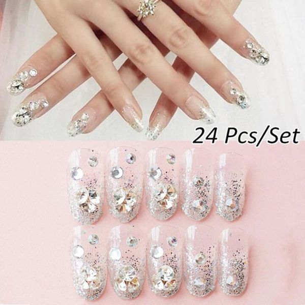 

24pcs stiletto glitter cover false nail tips with glue crystal flower diamond bride wedding natural fake nails art tool, Red;gold