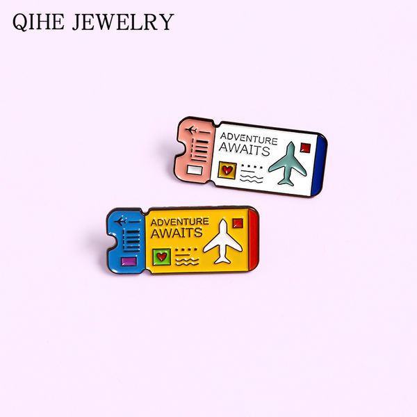 

Air ticket Pins Adventure Awaits Brooches Custom Travel Enamel Pin Badge Explorer tickets Lapel Pin for Friends, Gray