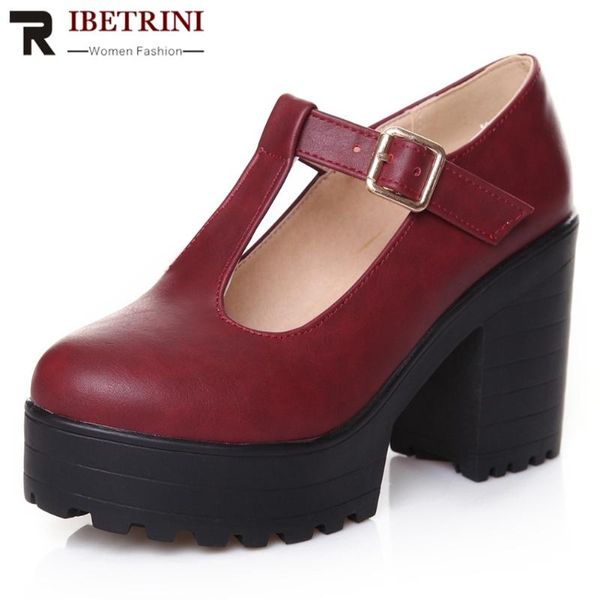 

ribetrini women fashion brand shoes women solid buckle block heel platform pumps party cosplay t strap spring pumps, Black