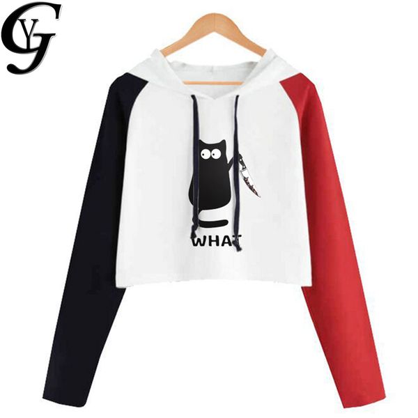 

women's hoodies & sweatshirts harajuku kawaii cat sweatshirt women crop hoodie 2021 korean fashion long sleeve patchwork crooped sweat, Black