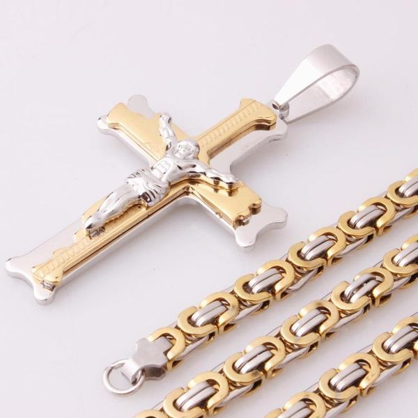 

chains classic multilayer cross christ jesus pendant necklace stainless steel link byzantine chain heavy men jewelry gift 18-36" 6mm, Silver