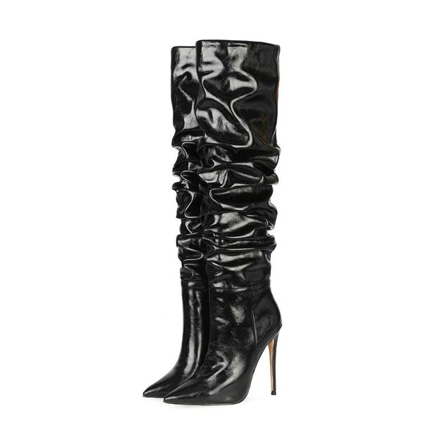 

kmeioo new fashion long boots women super high heel fold boots point toe plus size women shoes evening party, Black