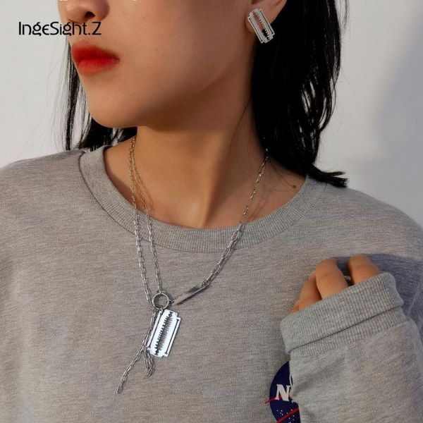 

ingesight.z punk hip hop stainless steel razor blades shaped pendant necklaces women statement blades stud earrings jewelry set, Silver