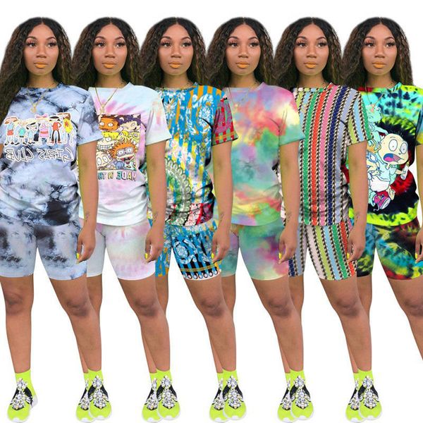 

womens tracksuit cartoon printing casual set short sleeve outfits two 2 piece set short shirt pant sportswear suits clubwear streetwear, Gray