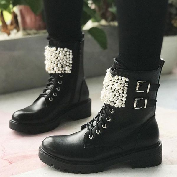 

sarairis punk casual boots women autumn platform boots ladies fashion pearl lace up round toe buckle ankle shoes, Black
