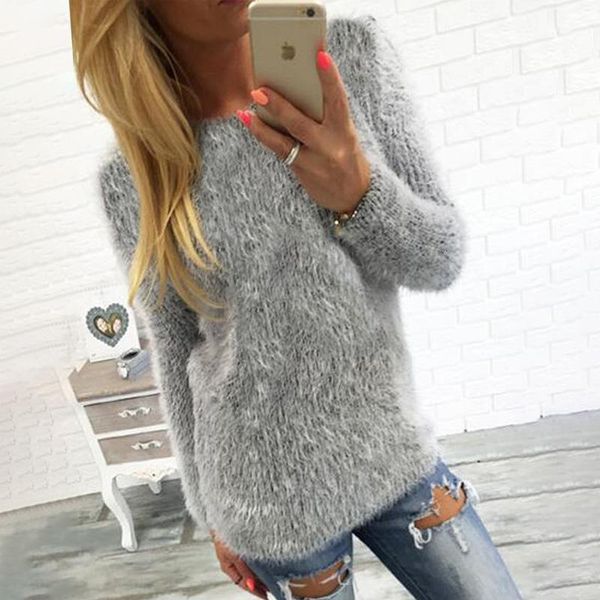 

повседневный серый женщины свитера soft o шеи длинным рукавом трикотажные полиэфирные пуловеры осень зима сыпучие свитера, White;black