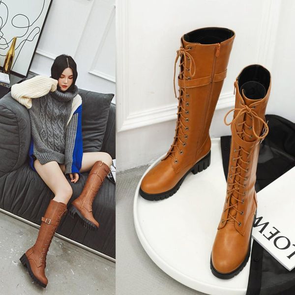 

fashion women's cross strap pu leather boots autumn and winter knee high boots ladies thick bottom thick bottom martin, Black