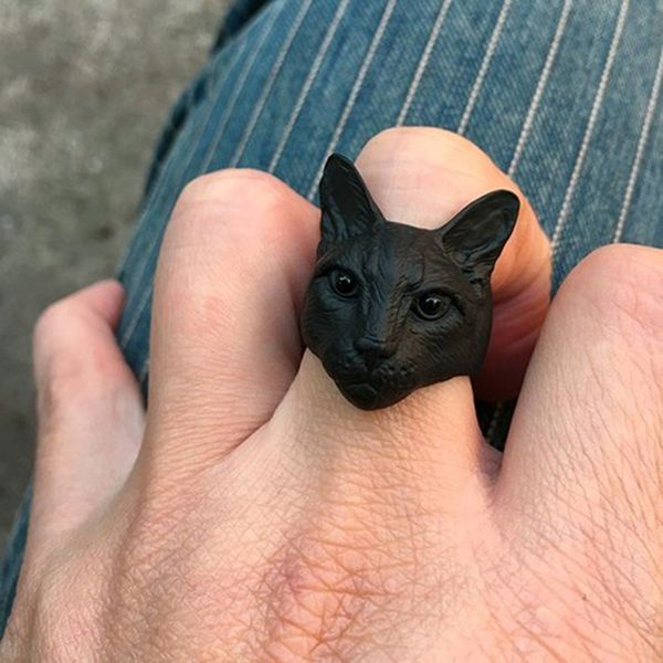 

cluster rings trendy unique adjustable big head cat black color men fashion animal women jewellery, Golden;silver