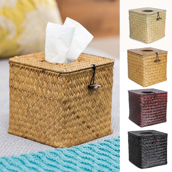 

14x14x14cm straw tissue box handmade woven rattan napkin holder box roll paper tray car living room storage home decor 1pc