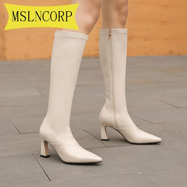 

boots big size 34-43 woman high heel knee-high classic leather zip fashion trend comfortable party dress dance shoes, Black