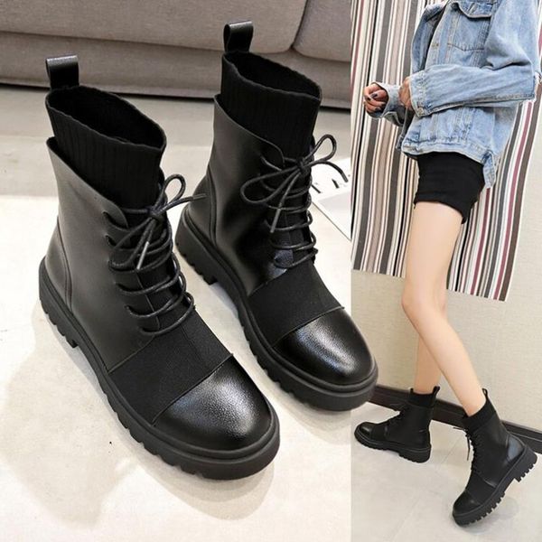 

spring boots women shoes woman boots fashion flat round pu ankle 2020 spring elastic lace black comfortable