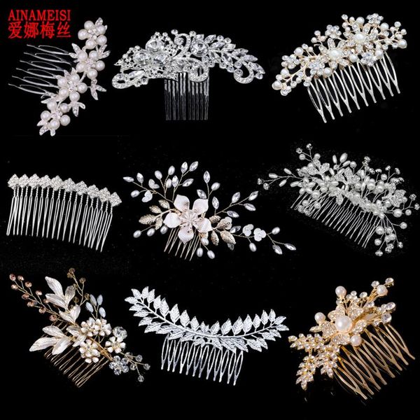 

ainameisi bridal crystal hair combs headpiece jewelry rhinestone pearl flowers handmade wedding hair accessories for women girls, Golden;silver