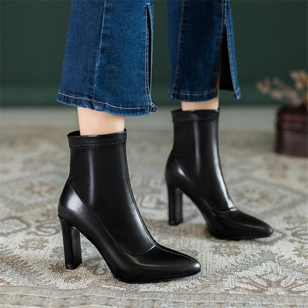 

2021 women ankle boots thick high heel pointed toe warm boots women fashion office footwear size 33-43, Black