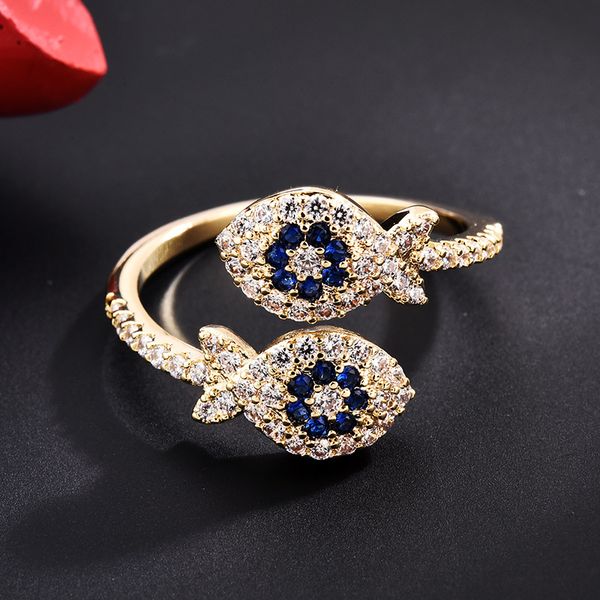 

wedding rings fashion cute fish luxury cz open finger agjustable party for women gold copper lucky animals jewelry, Slivery;golden